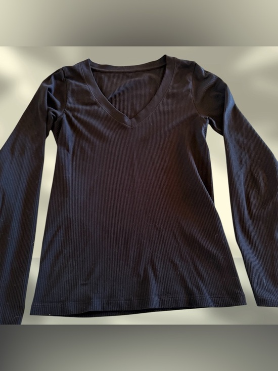 None Tops - V-Neck Ribbed Long Sleeve Top - Black, Stretch, Size Small